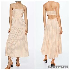 Mango “Paola” Neutral Striped Smocked Peek-a-Boo Backed Maxi Dress